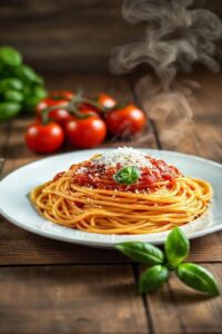Macarrão espaguete ao molho pomodoro com tomates frescos e manjericão, prato típico italiano com ingredientes para fazer macarrão autêntico