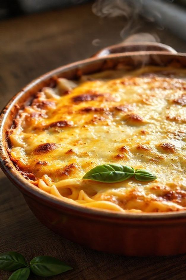 Macarrão de forno recém-saído do forno com crosta dourada de queijo derretido e camadas cremosas visíveis entre a massa