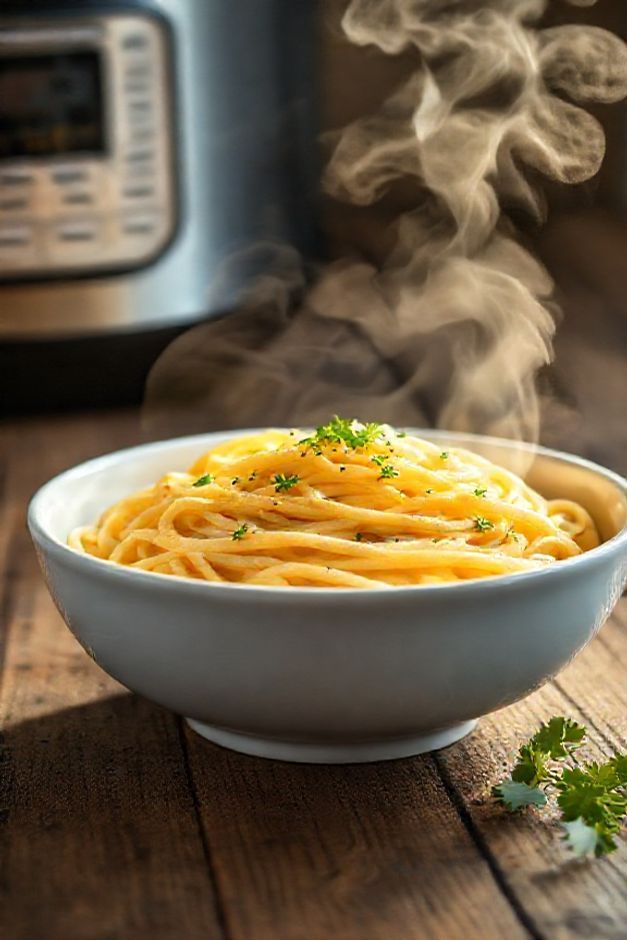 Macarrão de panela de pressão cremoso com queijo derretido e salsa fresca, prato pronto para servir com ingredientes para fazer macarrão de panela de pressão