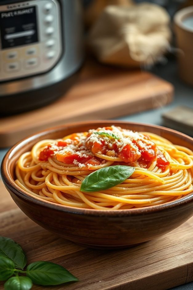 Macarrão cremoso preparado na panela de pressão com molho de tomate caseiro, decorado com queijo parmesão e manjericão fresco - ingredientes do macarrão de panela de pressão