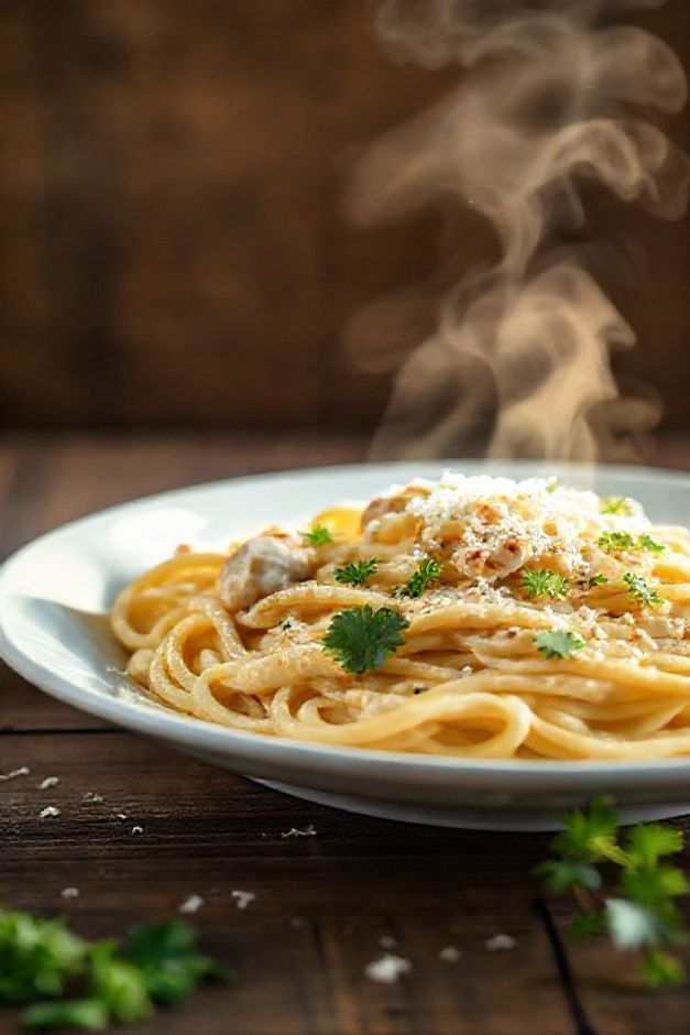 Macarronada de frango cremosa servida em prato branco, com queijo ralado e salsa fresca - ingredientes para macarronada de frango