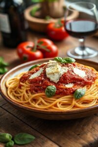 Macarronada ingredientes finalizada com molho de tomate caseiro, queijos derretidos e manjericão fresco em uma apresentação convidativa