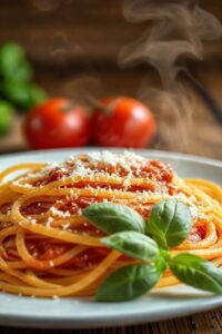 Macarronada ingredientes simples com espaguete coberto por molho de tomate caseiro, queijo parmesão ralado e folhas de manjericão fresco em um prato branco