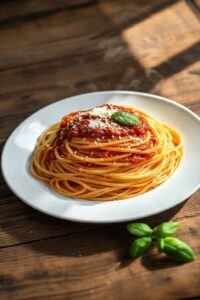 Macarronada simples com molho de tomate caseiro servida em prato branco, decorada com manjericão fresco e queijo parmesão ralado