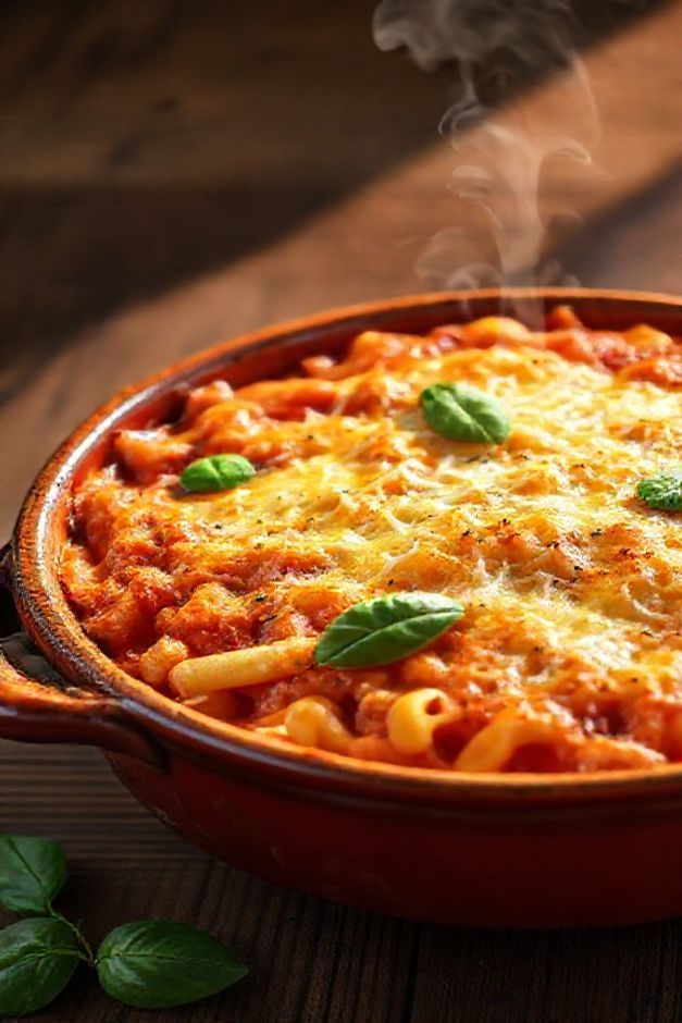 Macarronese cremoso com queijo gratinado em refratário, mostrando os ingredientes para fazer macarronese perfeitamente combinados