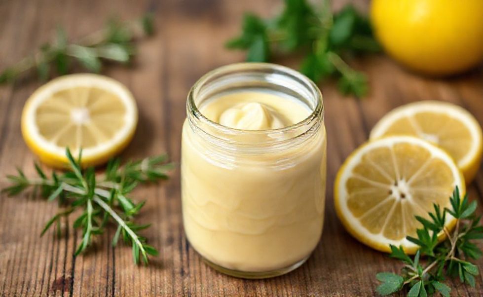Maionese caseira cremosa feita com ingredientes de maionese frescos em pote de vidro com limão e ervas ao lado