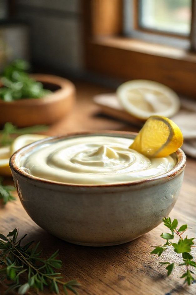 Maionese caseira cremosa feita com ingredientes para fazer maionese frescos, textura lisa e cor amarela suave em tigela de cerâmica