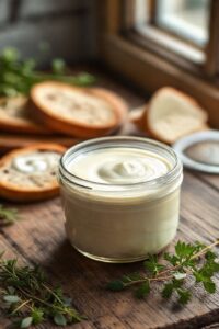 Maionese caseira cremosa feita com ingredientes para maionese simples, textura lisa e cor amarela pálida em pote de vidro sobre mesa rústica