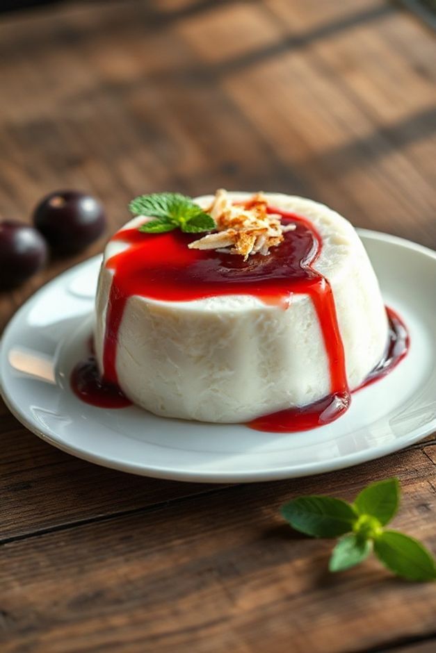 Manjar de coco branco cremoso servido em prato branco com calda escura de ameixa escorrendo pelas laterais, decorado com coco ralado e folhas de hortelã