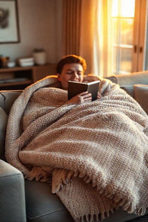 Pessoa usando manta no sofa como usar corretamente - técnica aconchegante com blanket macio em sofá moderno, demonstrando conforto e estilo doméstico