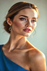 Mulher com maquiagem que combina com vestido azul, pele radiante e olhos realçados com sombras neutras e douradas