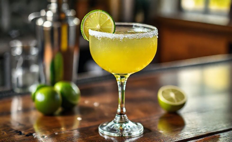 Margarita clássica servida em copo com borda salgada, líquido amarelo-esverdeado cristalino com fatia de limão decorativa - ingredientes da bebida margarita perfeitamente combinados