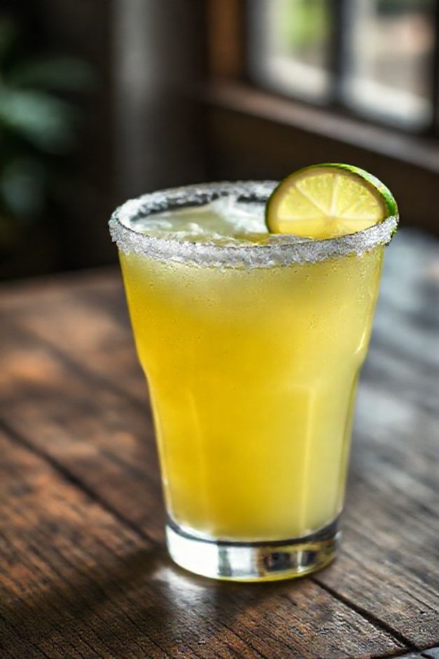 Drink margarita clássico em taça com borda salgada, líquido amarelo-esverdeado com espuma branca, decorado com fatia de limão - ingredientes do drink margarita em sua forma final