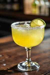 Margarita Drink servida em copo clássico com borda salgada, líquido amarelo-esverdeado vibrante e fatia de limão na borda