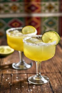 Dois copos de margarita drink com borda salgada, líquido amarelo-esverdeado cristalino, decorados com fatias de limão fresco sobre mesa rústica