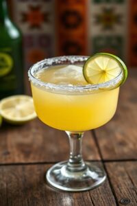 Drink margarita mexicano tradicional servido em copo com borda de sal, mostrando os ingredientes do drink mexicano margarita em apresentação refrescante e convidativa