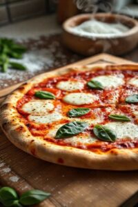 Pizza Marguerita recém-saída do forno com queijo derretido, molho vermelho vibrante e folhas frescas de manjericão sobre massa dourada e crocante