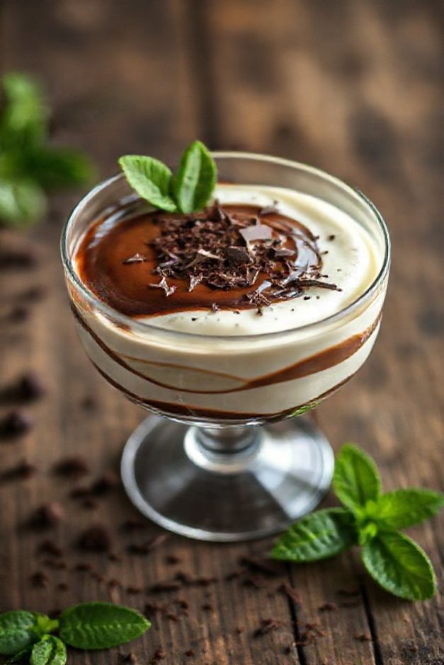 Marido Gelado Cremoso servido em taça transparente mostrando camadas cremosas brancas e calda de chocolate, decorado com raspas de chocolate