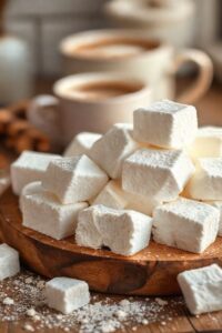 Marshmallow caseiro com 2 ingredientes branco e fofo sobre tábua de madeira, mostrando textura aerada perfeita para hot chocolate