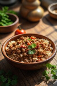 Prato tradicional de Matricula CEI servido em bowl cerâmico com carne moída, arroz, tomate e pimentão, decorado com salsa fresca