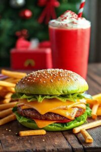 McDonalds Grinch Meal completo com hambúrguer verde, batatas fritas douradas e milkshake vermelho com chantilly em composição festiva
