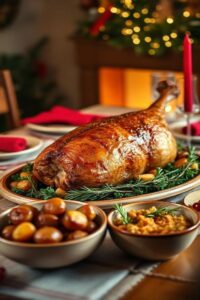 Mesa Ceia de Natal completa com pernil assado dourado, batatas baby caramelizadas, farofa tradicional e decoração festiva em ambiente aconchegante