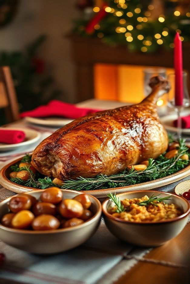 Mesa Ceia de Natal completa com pernil assado dourado, batatas baby caramelizadas, farofa tradicional e decoração festiva em ambiente aconchegante