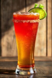 Michelada mexicana autêntica em copo alto com borda salgada, decorada com limão e aipo, mostrando os ingredientes para michelada mexicana em detalhes realistas