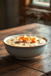 Mingau de cachorro ingredientes cremoso servido em tigela, com pedaços de frango e cenoura visíveis, textura homogênea e apetitosa