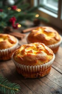 Mini panetone lembrancinha dourado em forminhas decorativas, com frutas cristalizadas visíveis na massa fofinha, sobre mesa rústica