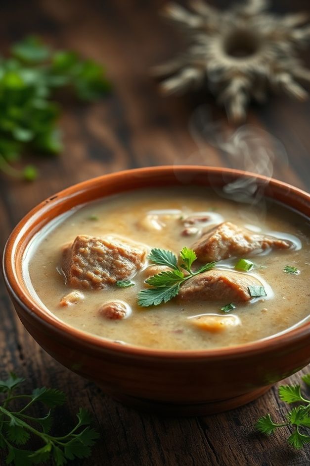Mocotó tradicional brasileiro servido em tigela de barro com caldo cremoso gelatinoso, carne macia, legumes e ervas frescas