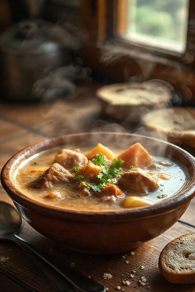 Prato tradicional de mocotó brasileiro com caldo cremoso, pedaços de carne macia, cenouras e batatas - ingredientes para fazer mocotó autêntico