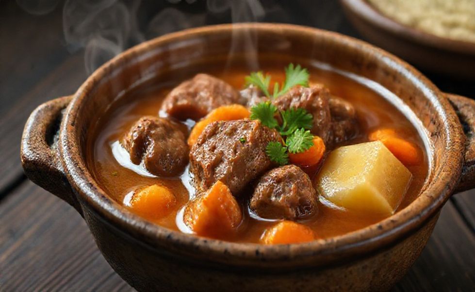 Mocotó tradicional servido em tijela com caldo gelatinoso rico em ingredientes para mocotó, carne macia e legumes coloridos