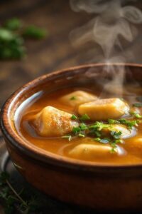 Prato tradicional de mocotó brasileiro com caldo âmbar cremoso, pedaços de osso com tutano e legumes, decorado com ervas frescas - mocotó ingredientes essenciais