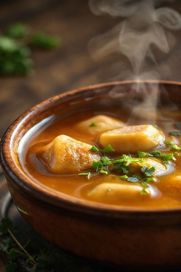 Prato tradicional de mocotó brasileiro com caldo âmbar cremoso, pedaços de osso com tutano e legumes, decorado com ervas frescas - mocotó ingredientes essenciais