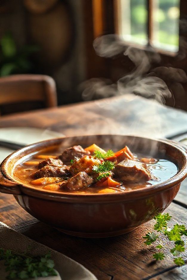 Prato de mocotó tradicional servido em tigela cerâmica com caldo encorpado, pedaços de carne e legumes coloridos - ingredientes mocotó para 30 pessoas