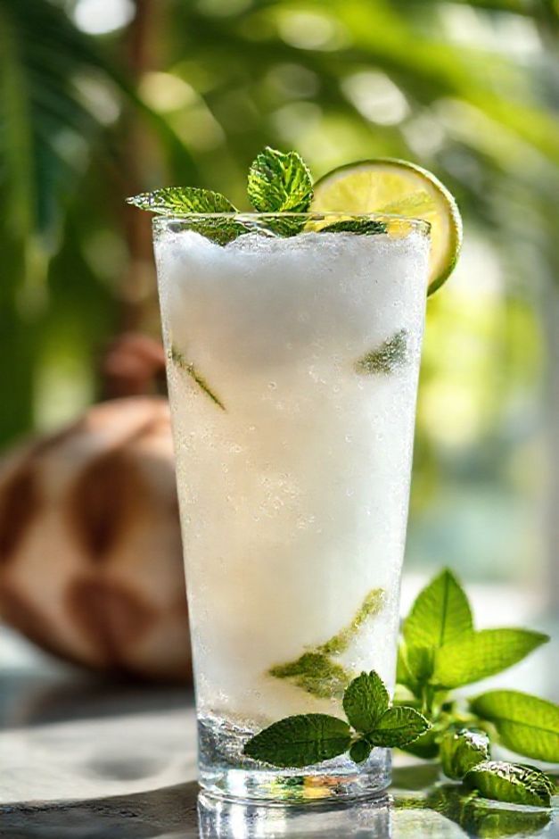 Mojito de coco receta servido em copo alto com gelo, decorado com limão e hortelã, textura cremosa e refrescante