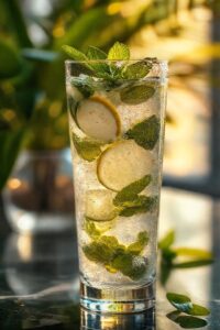 Mojito ingrediente tradicional servido em copo alto com gelo, hortelã fresca e rodelas de limão, bebida refrescante e convidativa
