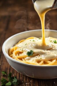 Molho alfredo ingredientes cremoso sobre massa fettuccine com parmesão ralado e salsinha fresca, textura aveludada e cor dourada apetitosa
