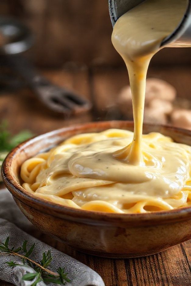Molho bechamel ingredientes cremoso sendo servido sobre massa fresca, textura aveludada e cor dourada em tigela de cerâmica rústica