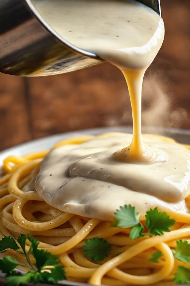 Molho branco cremoso sendo servido sobre massa, mostrando textura lisa e brilhante dos ingredientes para fazer molho branco perfeito