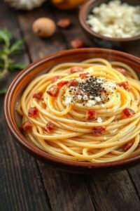 Molho carbonara ingredientes cremoso sobre espaguete al dente com pedaços crocantes de pancetta e queijo pecorino ralado, textura aveludada e aroma convidativo