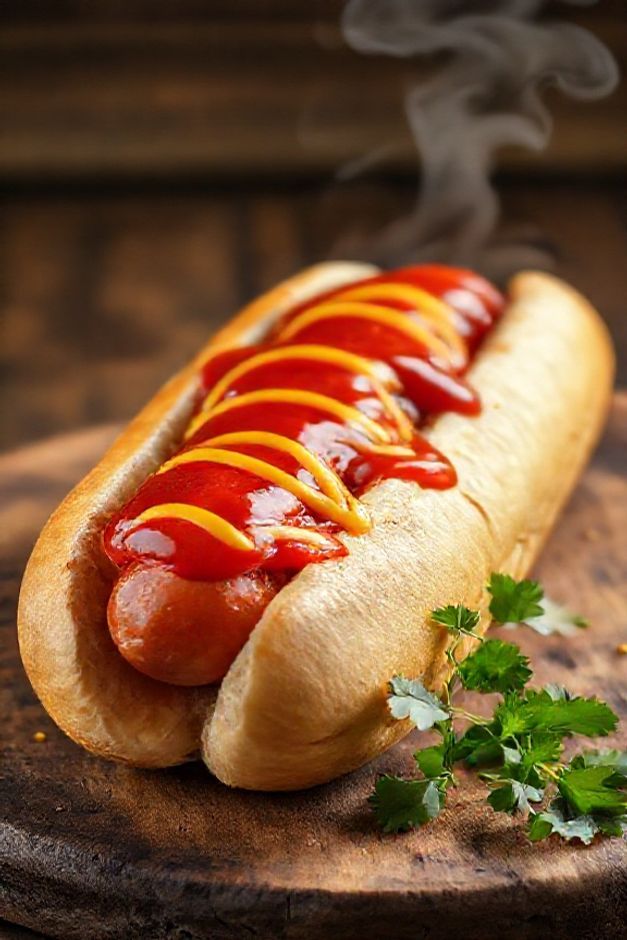 Cachorro-quente com molho caseiro vermelho brilhante escorrendo sobre salsicha, acompanhado de mostarda e batata palha crocante