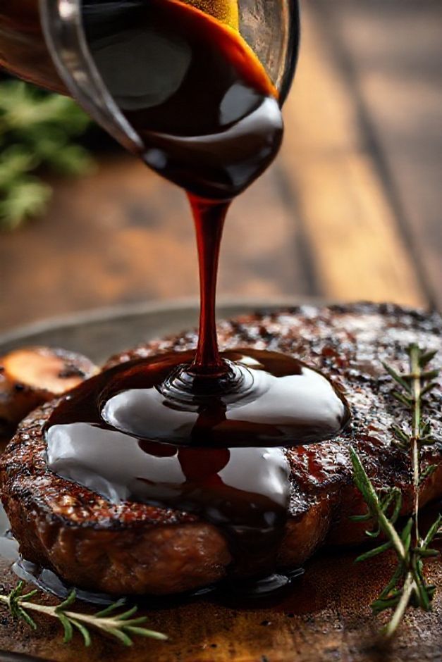 Molho madeira escuro e brilhante sendo servido sobre carne, com cogumelos visíveis e textura aveludada, perfeito para acompanhamentos gourmet