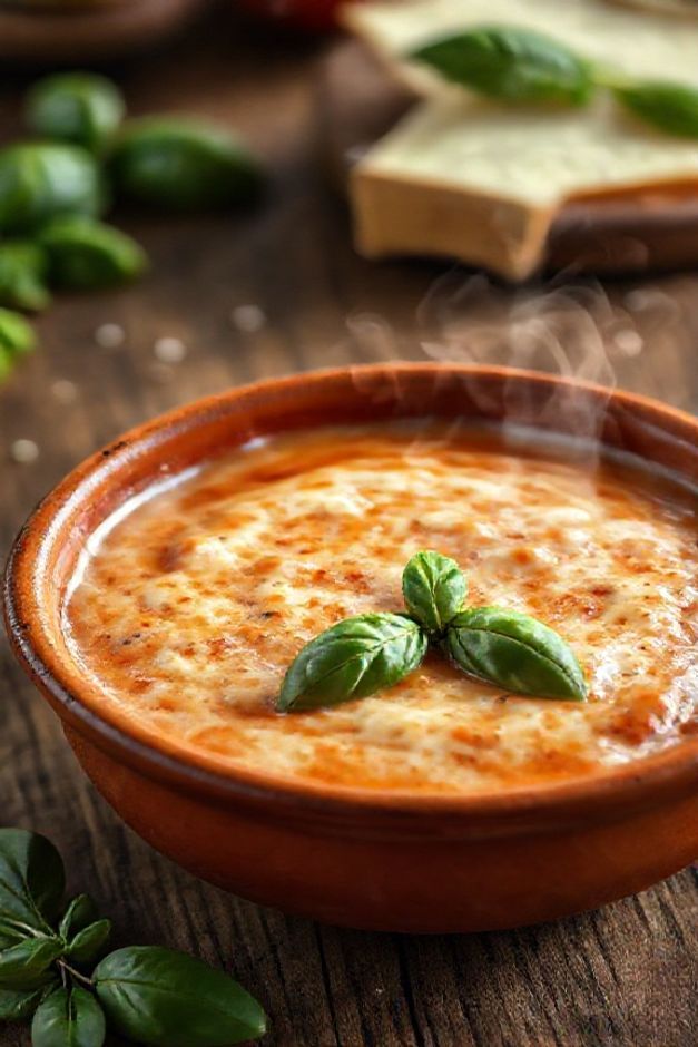 Molho parmegiana ingredientes cremoso em tigela de barro com queijo derretido e manjericão fresco, textura homogênea e cor vermelha intensa