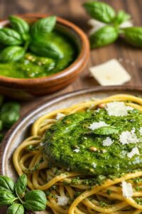 Molho pesto caseiro verde vibrante em tigela de cerâmica com massa italiana ao fundo, mostrando textura cremosa e ingredientes frescos