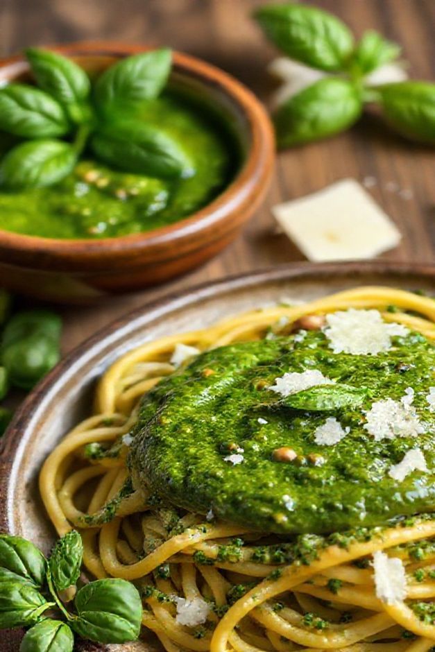 Molho pesto caseiro verde vibrante em tigela de cerâmica com massa italiana ao fundo, mostrando textura cremosa e ingredientes frescos