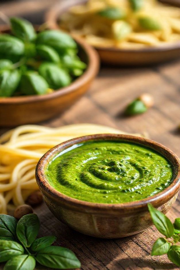 Molho pesto fresco em tigela cerâmica mostrando os ingredientes do molho pesto com manjericão verde vibrante e pinoli visíveis