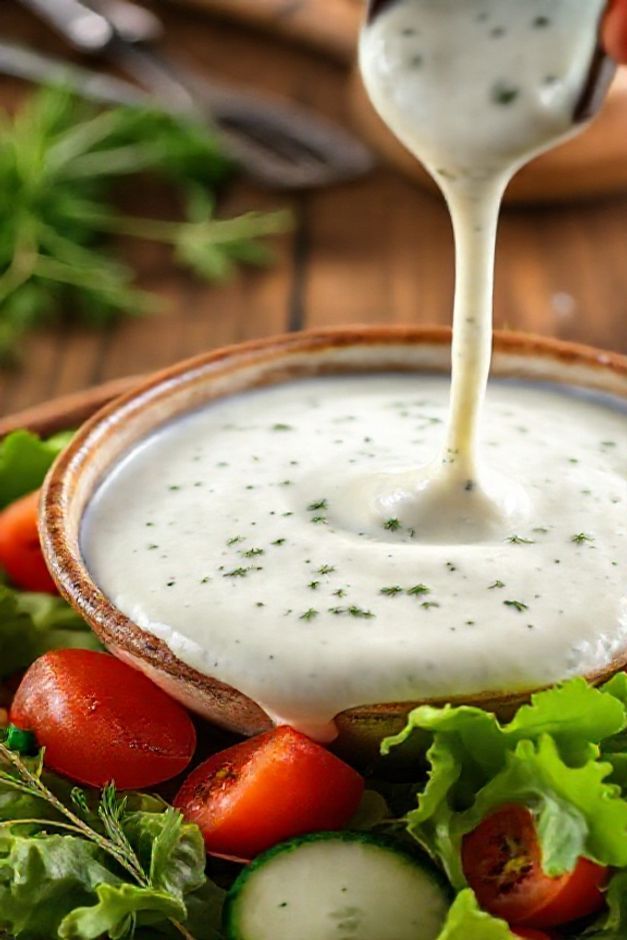 Molho ranch caseiro cremoso com ervas frescas servido sobre salada verde fresca, destacando os ingredientes principais do molho ranch