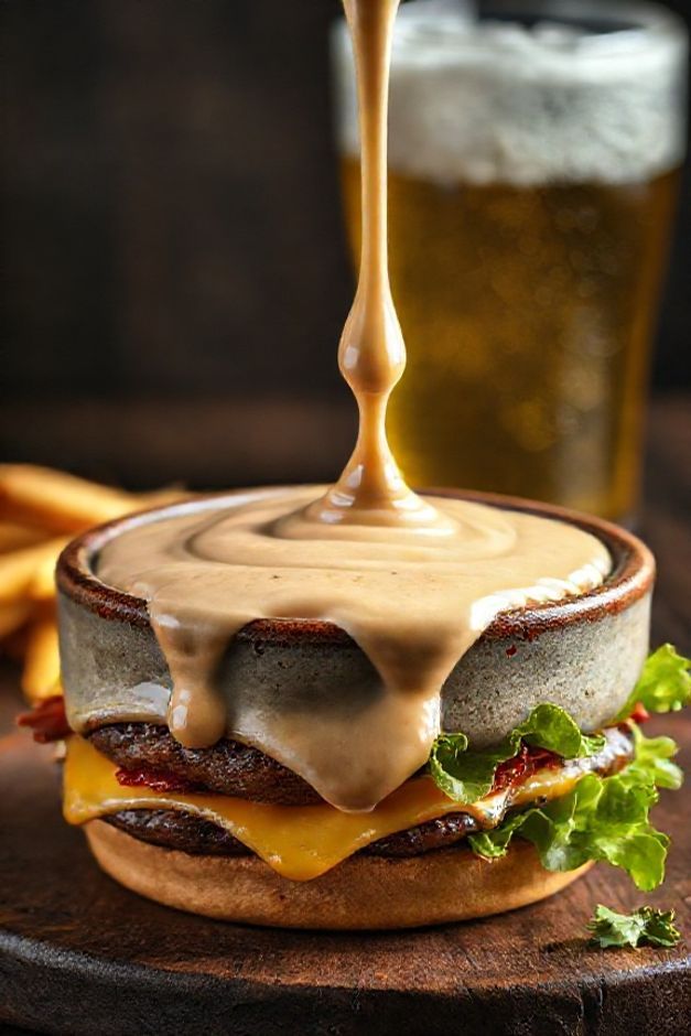 Molho Stacker BK ingredientes caseiro cremoso servido sobre hambúrguer com queijo derretido e bacon crocante, textura suave e cor alaranjada característica